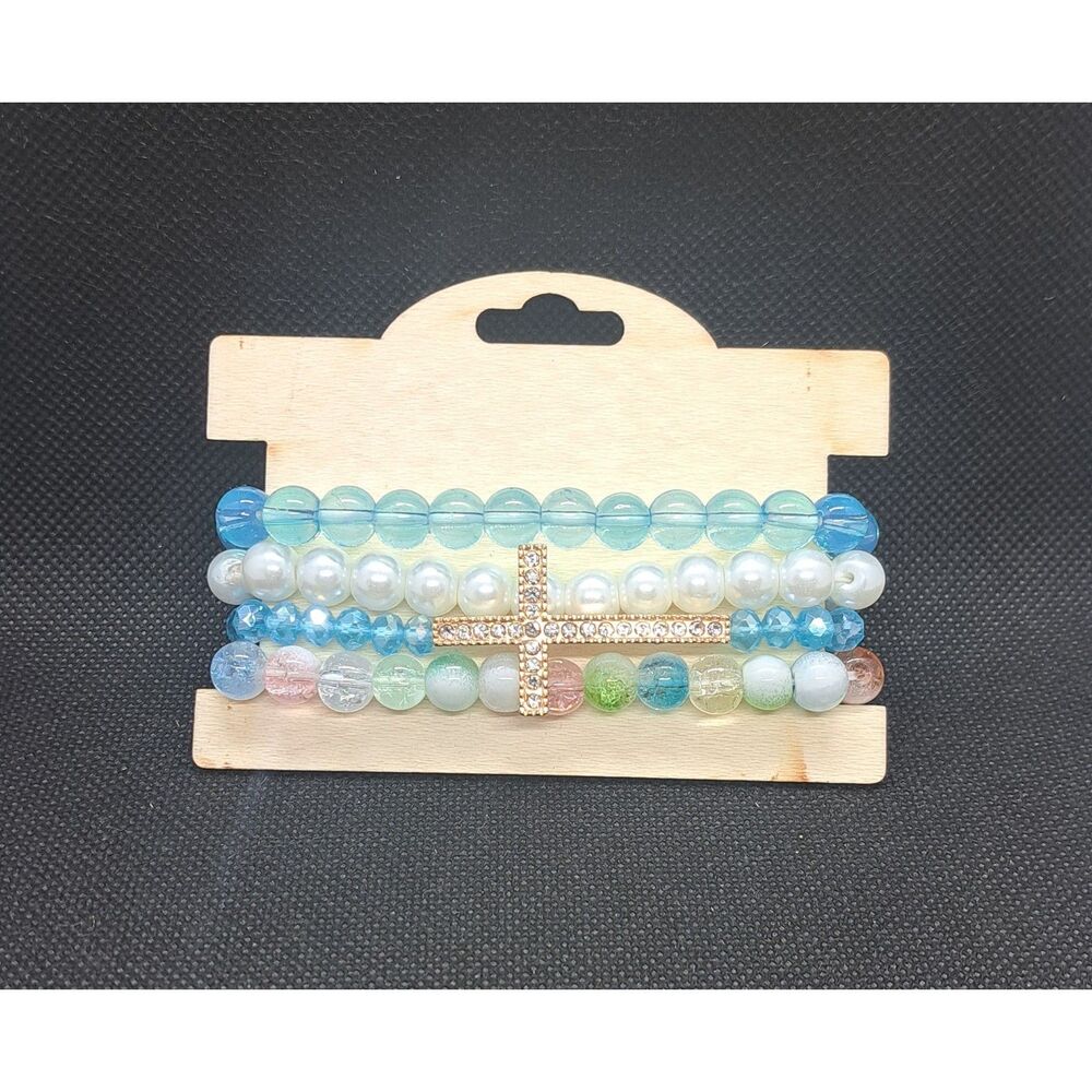 Blue & Faux Pearl Bracelet Stack with Cross– Romantic, Feminine, Statement